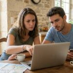 Couple prudent consultant un ordinateur portable pour reserver une location de vacances
