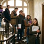 File de candidats étudiants avec leurs dossiers dans une cage d'escalier, attendant de visiter un studio à louer à la rentrée