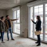 Un couple visite un appartement neuf en chantier avec une conseillere commerciale dans un programme immobilier en construction