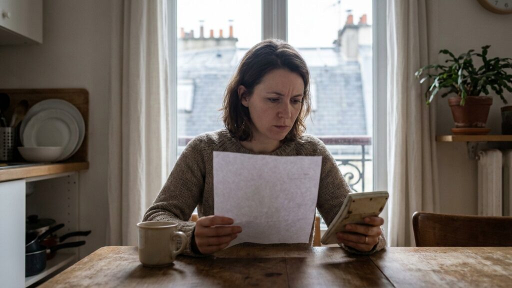 Une locataire francilienne examine son budget mensuel et son loyer dans la cuisine de son appartement