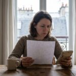 Une locataire francilienne examine son budget mensuel et son loyer dans la cuisine de son appartement