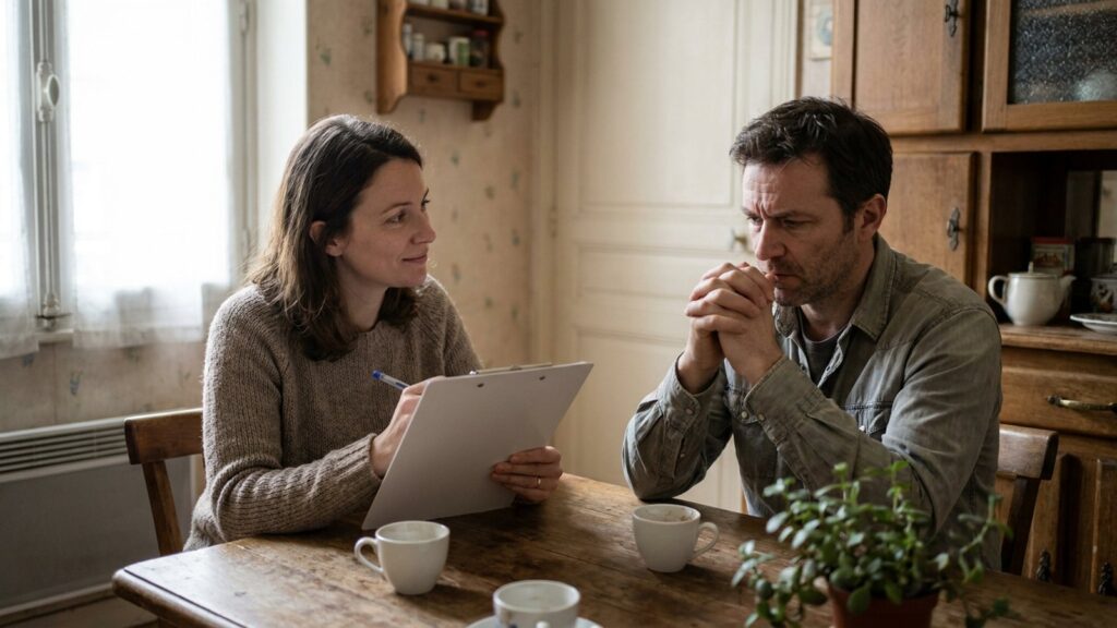 Entretien entre une professionnelle du travail social et un locataire en impayé de loyer