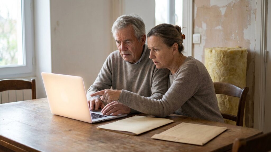 Un couple de proprietaires cree son compte France Renov sur un ordinateur portable dans un logement en travaux