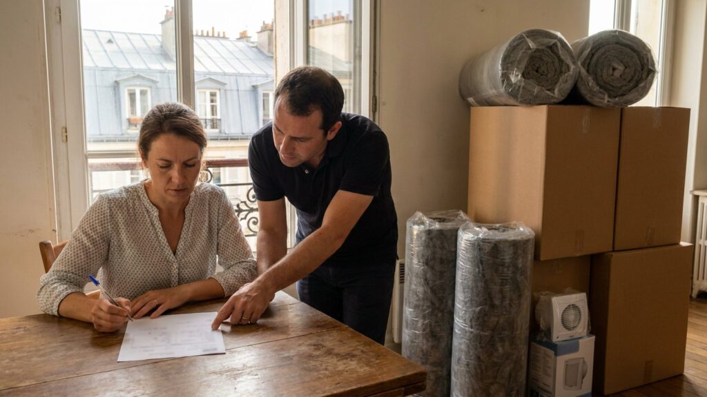 Un couple remplit un dossier d'aide a la renovation energetique dans son appartement, rouleaux d'isolation et systeme de ventilation poses au sol