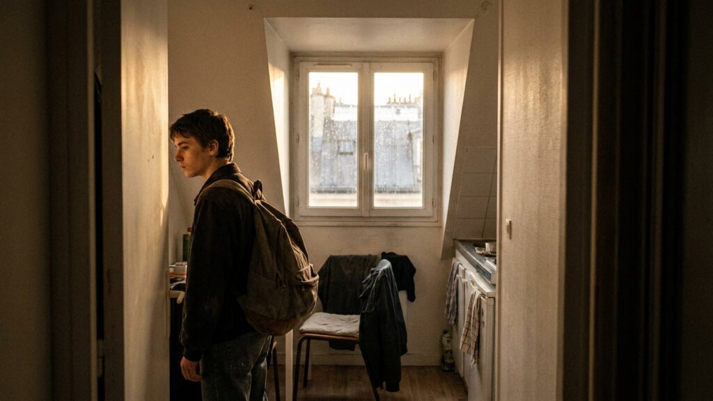 Jeune locataire avec un sac a dos visitant un petit studio parisien sous les toits, marche locatif des studios