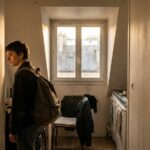 Jeune locataire avec un sac a dos visitant un petit studio parisien sous les toits, marche locatif des studios