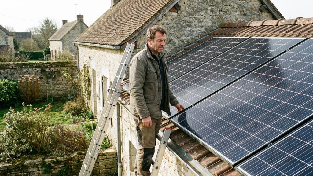 Proprietaire sur une echelle observant des panneaux solaires photovoltaiques installes sur le toit de sa maison