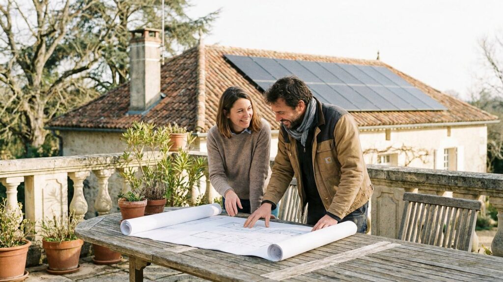 Proprietaires examinant des plans devant une maison equipee de panneaux solaires