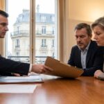 Un notaire remet un dossier d'acte de vente a un couple d'investisseurs dans son etude