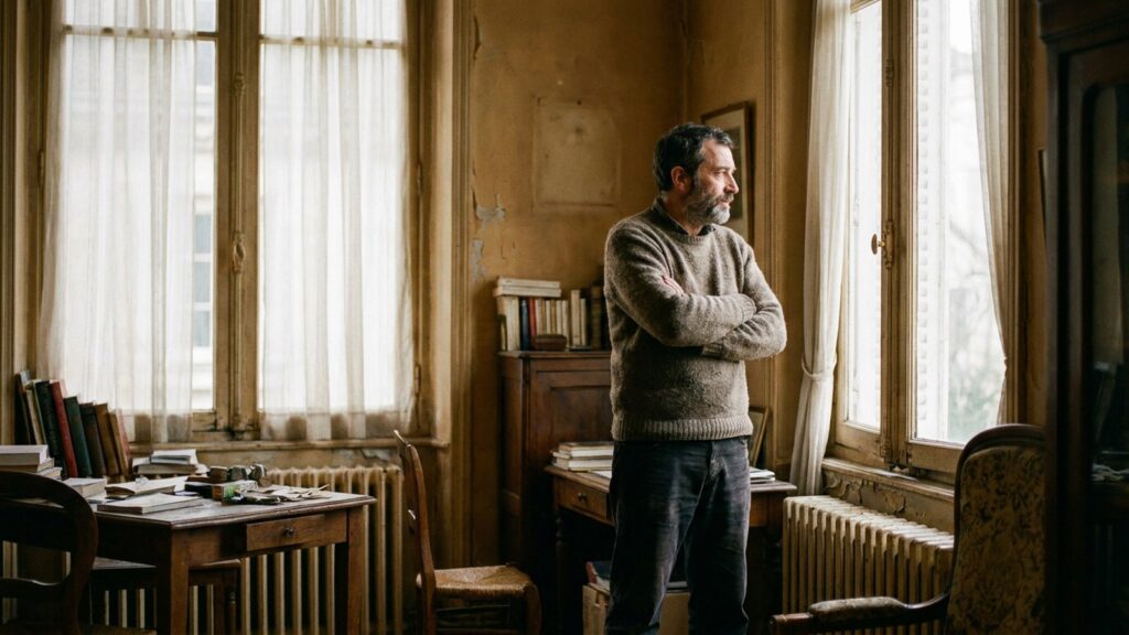 Homme pensif dans un appartement ancien mal isole, passoire thermique