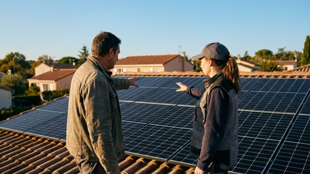 Proprietaire et technicien sur un toit couvert de panneaux photovoltaiques