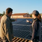 Proprietaire et technicien sur un toit couvert de panneaux photovoltaiques