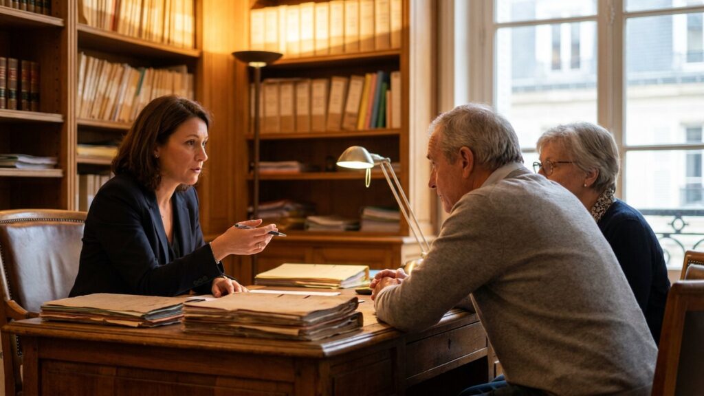 Une notaire explique le calcul de la plus-value immobilière et de la surtaxe à un couple de vendeurs dans son étude