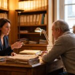 Une notaire explique le calcul de la plus-value immobilière et de la surtaxe à un couple de vendeurs dans son étude