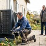 Technicien installant une pompe a chaleur exterieure contre le mur d'une maison un proprietaire observant