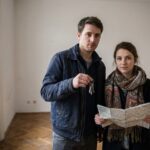 Jeune couple visitant un petit appartement a vendre, cles en main, pouvoir d'achat immobilier et surface achetable en 2026