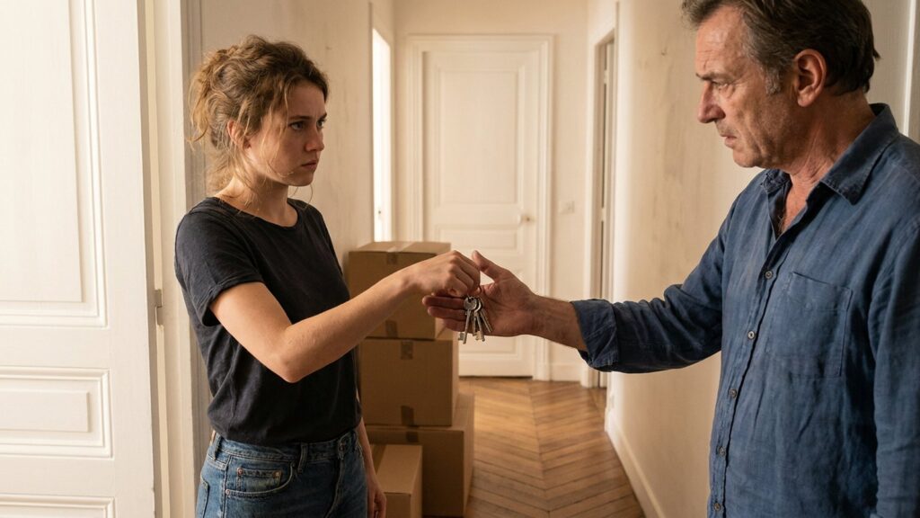 Une locataire remet le trousseau de cles a son proprietaire dans un couloir d'appartement rempli de cartons de demenagement
