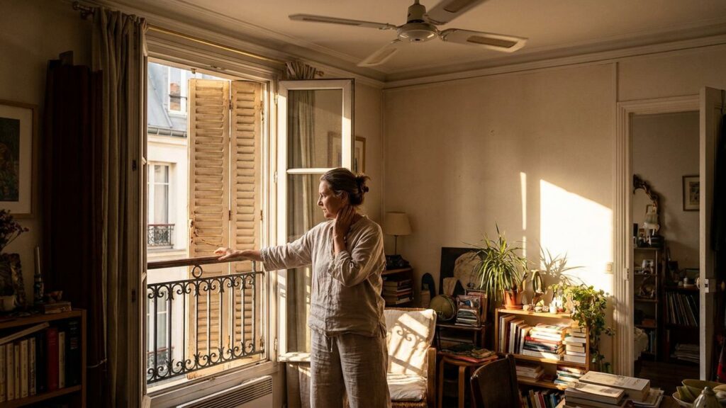 Femme ouvrant les volets d'un appartement sous la chaleur estivale, ventilateur de plafond, precarite energetique d'ete