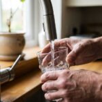 Mains remplissant un verre d'eau au robinet d'une cuisine