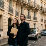 Couple d'acheteurs observant la façade d'un immeuble ancien parisien avant une acquisition
