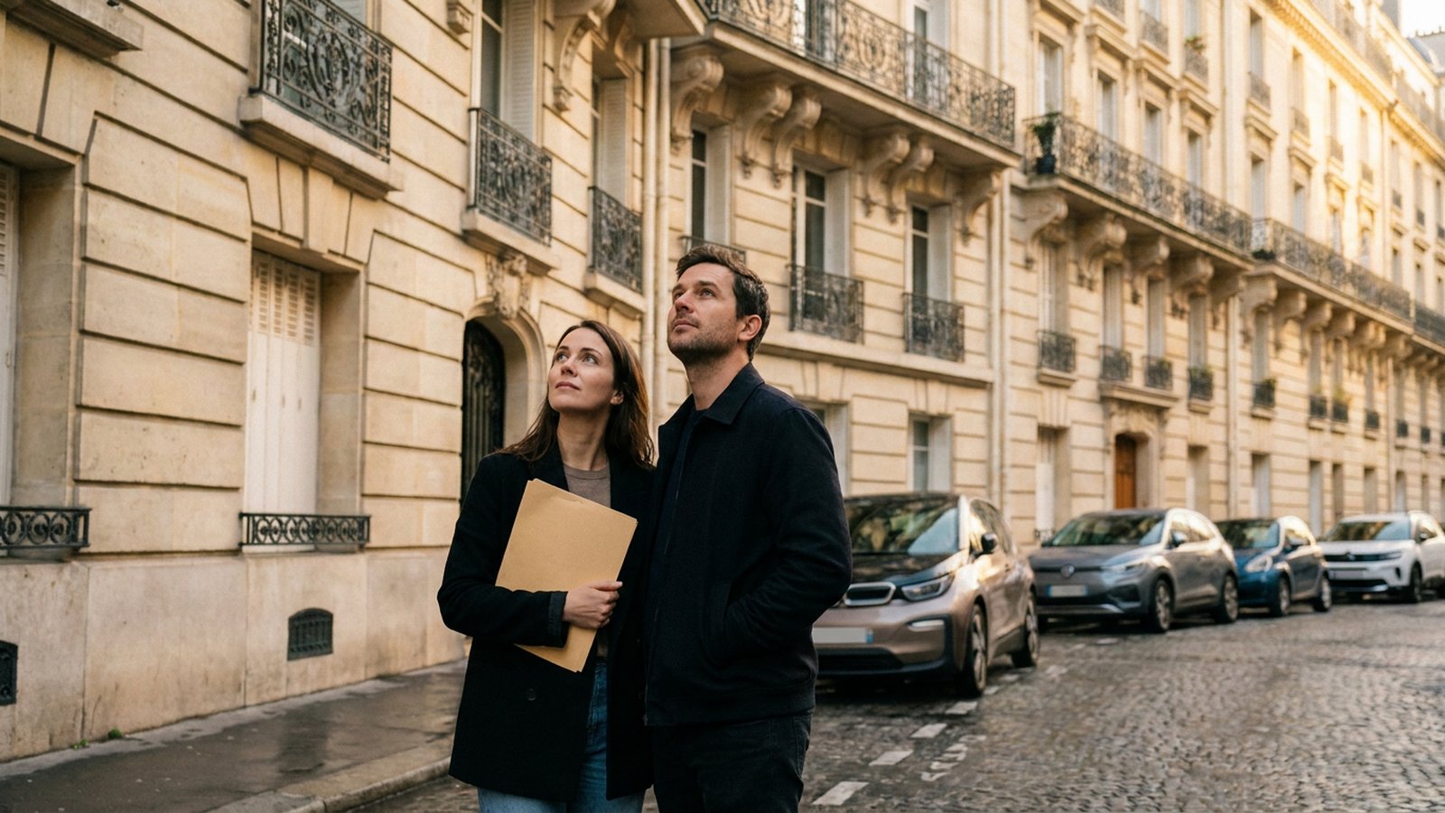 Couple d'acheteurs observant la façade d'un immeuble ancien parisien avant une acquisition