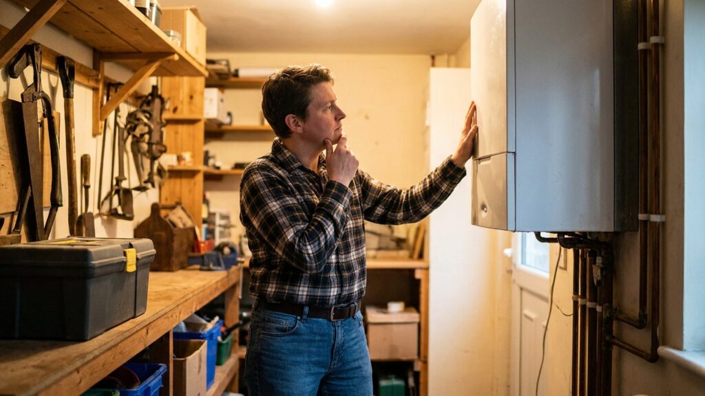 Personne examinant une chaudiere a gaz murale dans un local technique