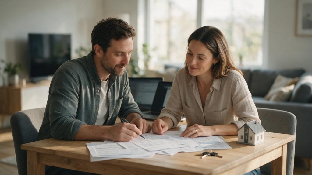 Un couple examine les documents de son pr�t immobilier et de son assurance emprunteur
