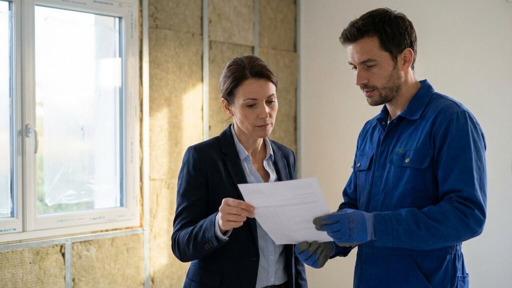 Une propriétaire examine le devis présenté par un artisan sur un chantier de rénovation énergétique, illustrant l’obligation de qualification RGE en cas de sous-traitance