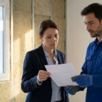 Une propriétaire examine le devis présenté par un artisan sur un chantier de rénovation énergétique, illustrant l’obligation de qualification RGE en cas de sous-traitance
