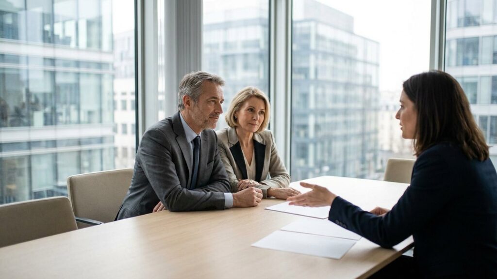 Couple d'investisseurs en rendez-vous avec une conseillere en gestion de patrimoine, tours de bureaux franciliens en arriere-plan, SCPI Elysees Pierre