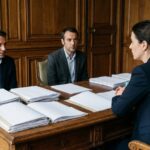 Deux frères face à une notaire lors d'un règlement de succession, rapport d'une donation de somme d'argent à la masse à partager