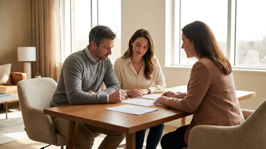 Un couple etudie son contrat d'assurance habitation avec une conseillere dans un bureau lumineux