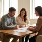 Un couple etudie son contrat d'assurance habitation avec une conseillere dans un bureau lumineux