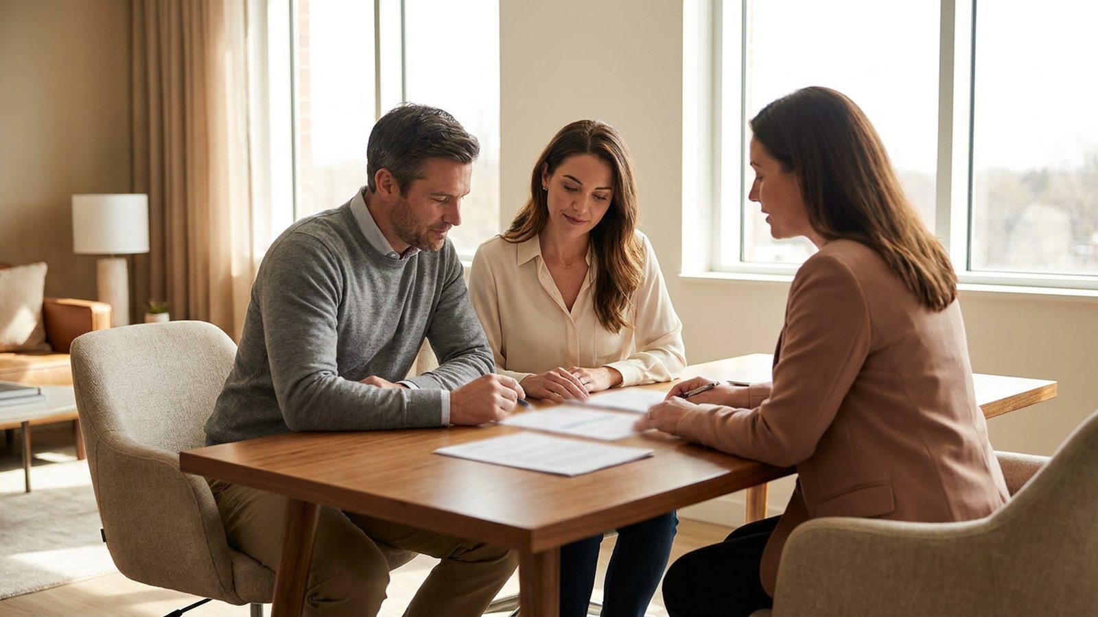 Un couple etudie son contrat d'assurance habitation avec une conseillere dans un bureau lumineux
