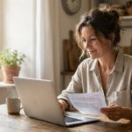Une femme consulte son avis de taxe fonciere 2026 sur un ordinateur portable dans sa cuisine