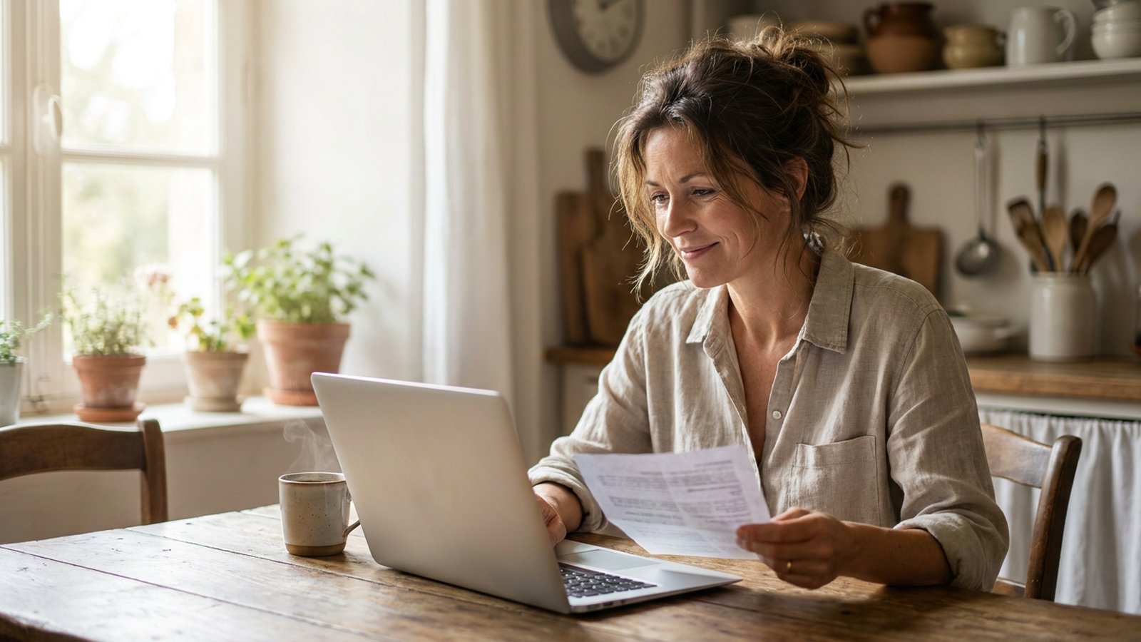 Une femme consulte son avis de taxe fonciere 2026 sur un ordinateur portable dans sa cuisine