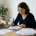 Une propriétaire examine ses documents fiscaux à la table de sa cuisine, contestation de la valeur locative de la taxe foncière
