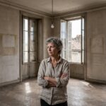 Une proprietaire se tient au milieu d'un appartement ancien vide et poussiereux aux volets entrouverts, dans une petite ville francaise
