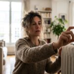 Femme réglant un thermostat programmable mural près d'un radiateur dans un logement