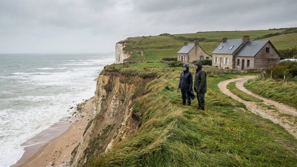 Deux promeneurs en cires observent la mer depuis une falaise erodee du littoral francais, avec des maisons de bord de mer en arriere-plan