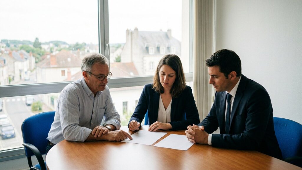 Un chef d'entreprise et ses conseillers autour d'une table, transmission d'entreprise et exonération Dutreil des logements détenus en société