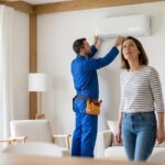 Technicien installant une climatisation reversible pompe a chaleur air air dans un salon
