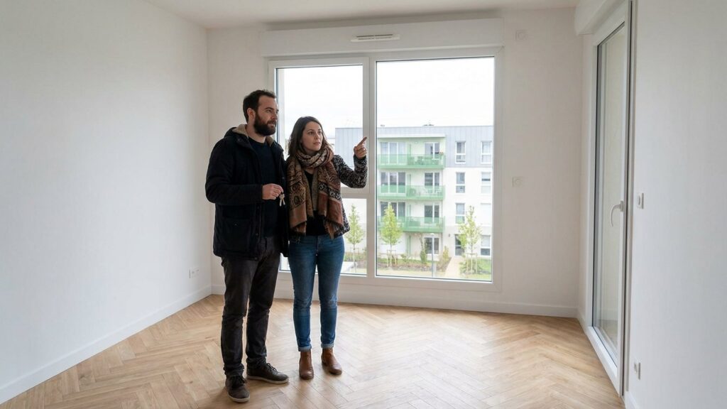 Un couple visite un appartement neuf vide d'une residence collective, cles en main, avant sa mise en location