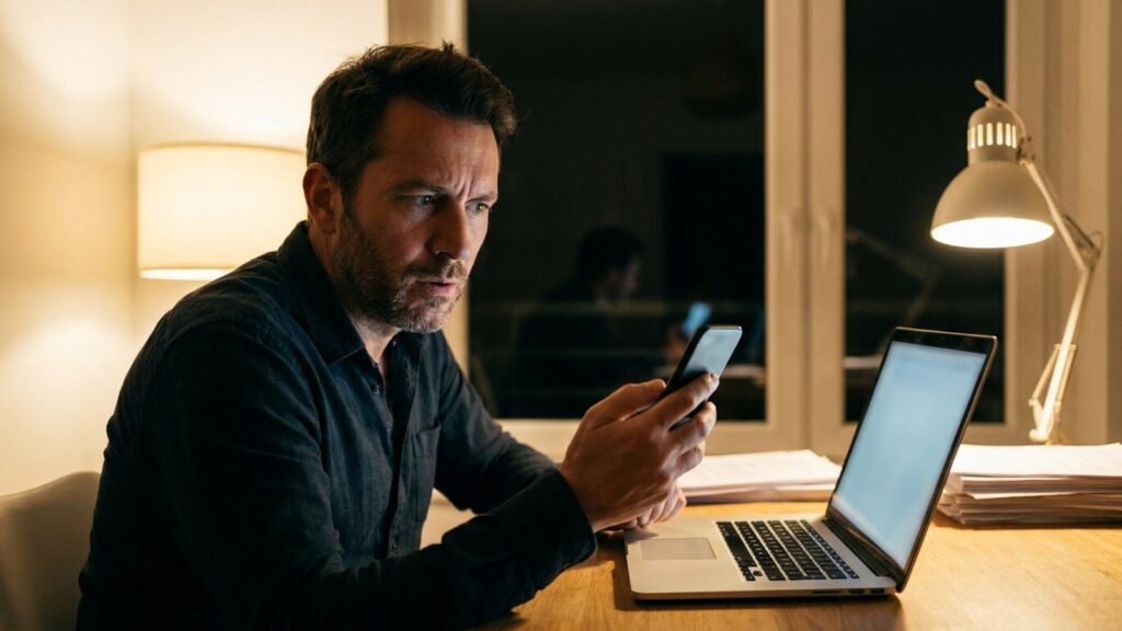 Un homme examine avec méfiance un message reçu sur son téléphone devant son ordinateur, vol de données fiscales et cadastrales