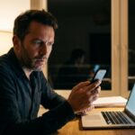 Un homme examine avec méfiance un message reçu sur son téléphone devant son ordinateur, vol de données fiscales et cadastrales