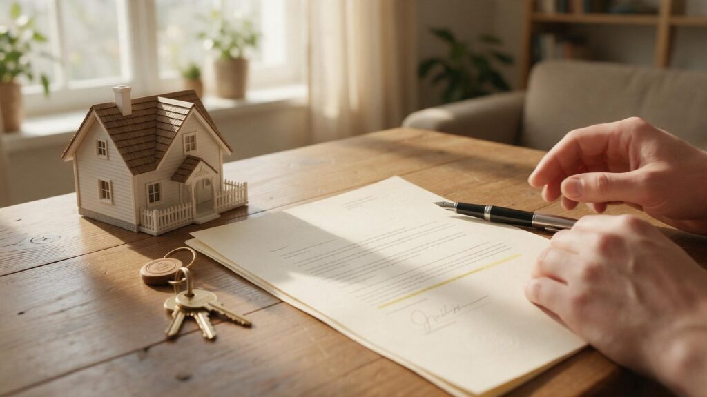 Maison miniature, cles et contrat de pret immobilier signe sur une table