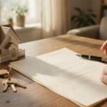 Maison miniature, cles et contrat de pret immobilier signe sur une table