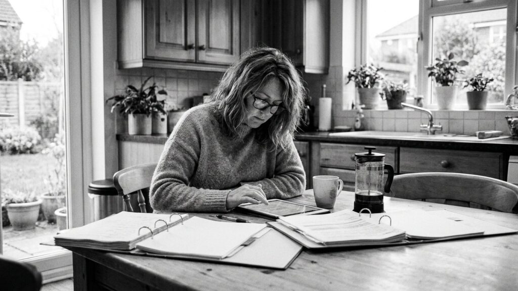 Propriétaire organisant les documents de son carnet d'information du logement sur tablette