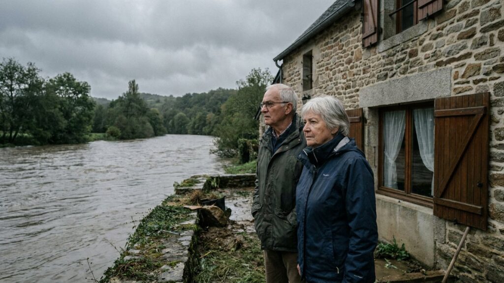 Un couple de proprietaires observe une riviere en crue devant leur residence secondaire en pierre