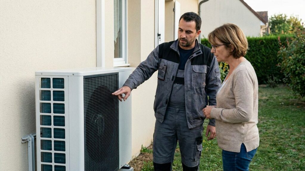 Un chauffagiste presente une pompe a chaleur air-eau a une proprietaire devant sa maison